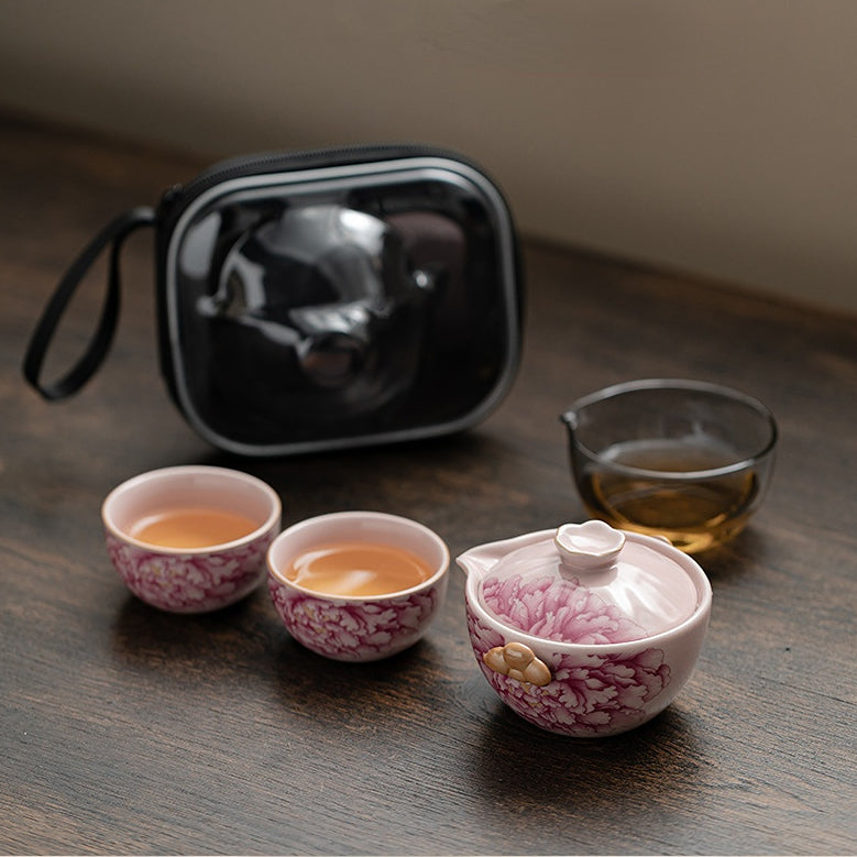 ZenTripper Portable Ceramic Tea Set - Office to Camping Brew Kit with Leak-Ceramic Tea Set with Patterns of Magnificent and Fragrant Flowers in Full Bloom in the Style of Antique Ru Kiln