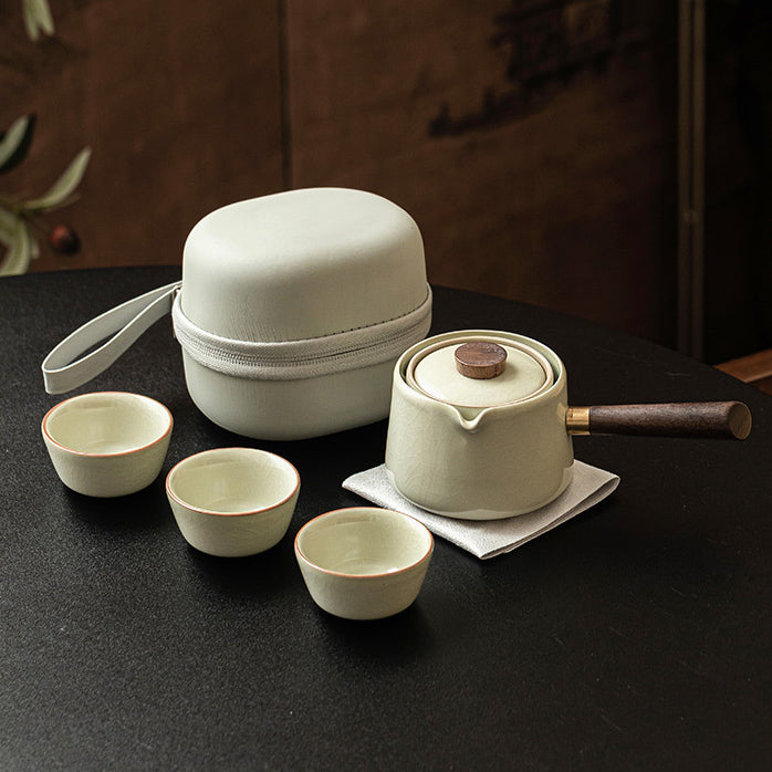 Ru Kiln Side-Handle Teapot Set - Minimalist Ceramic Travel Tea Kit with Teapot and 3 Cups