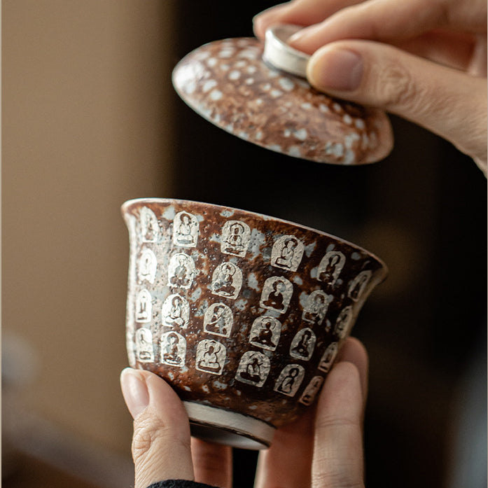 Dunhuang Ten Thousand Buddhas Silver-Gilded Handcrafted Gaiwan Coarse Pottery Cup，drinking utensils