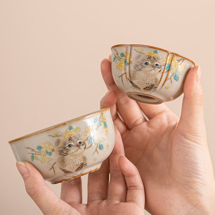 ZenTripper Portable Ceramic Tea Set - Office to Camping Brew Kit with Leak-Ceramic Tea Set with Cat Patterns in the Style of Ru Kiln from the Song Dynasty