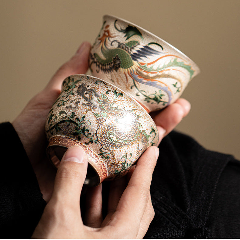 Silver-Gilded Dragon and Phoenix Ceramic Master Cup for Couples，drinking utensils