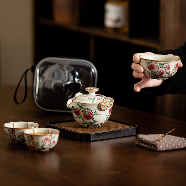 ZenTripper Portable Ceramic Tea Set - Office to Camping Brew Kit with Leak-Ceramic Tea Set with Longevity Peach Patterns in the Style of Ru Kiln from the Song Dynasty