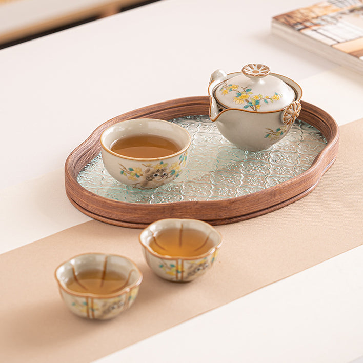 ZenTripper Portable Ceramic Tea Set - Office to Camping Brew Kit with Leak-Ceramic Tea Set with Cat Patterns in the Style of Ru Kiln from the Song Dynasty