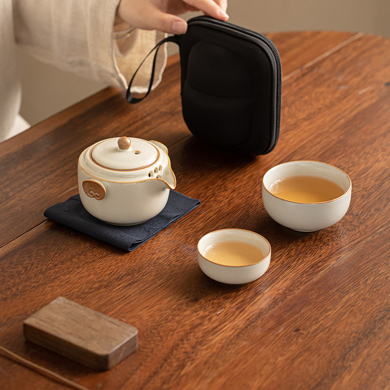 ZenTripper Portable Ceramic Tea Set - Office to Camping Brew Kit with Leak - Solid-color Ru Kiln Ceramic Tea Set with Ruyi Cloud Patterns