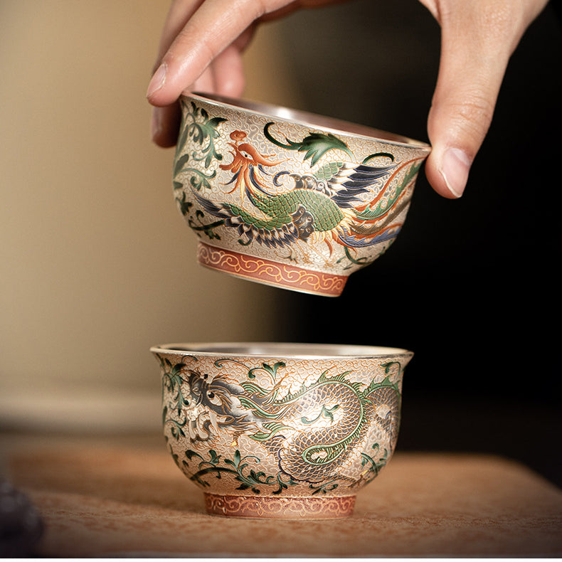 Silver-Gilded Dragon and Phoenix Ceramic Master Cup for Couples，drinking utensils