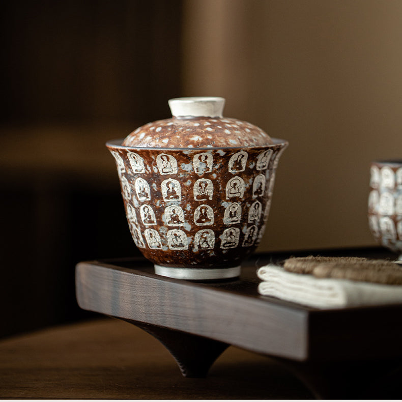 Dunhuang Ten Thousand Buddhas Silver-Gilded Handcrafted Gaiwan Coarse Pottery Cup，drinking utensils