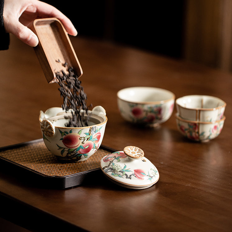 ZenTripper Portable Ceramic Tea Set - Office to Camping Brew Kit with Leak-Ceramic Tea Set with Longevity Peach Patterns in the Style of Ru Kiln from the Song Dynasty