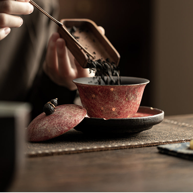 Chinese-Style Retro Rock-Mineral Painted Pottery Three-Piece Covered Bowl Kung Fu Tea Set