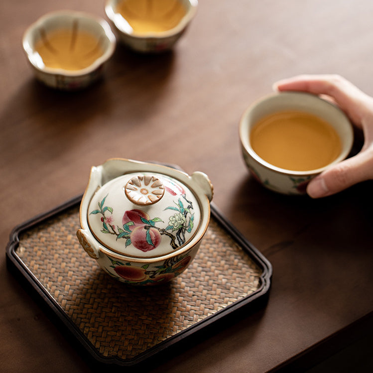 ZenTripper Portable Ceramic Tea Set - Office to Camping Brew Kit with Leak-Ceramic Tea Set with Longevity Peach Patterns in the Style of Ru Kiln from the Song Dynasty