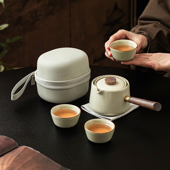 Ru Kiln Side-Handle Teapot Set - Minimalist Ceramic Travel Tea Kit with Teapot and 3 Cups