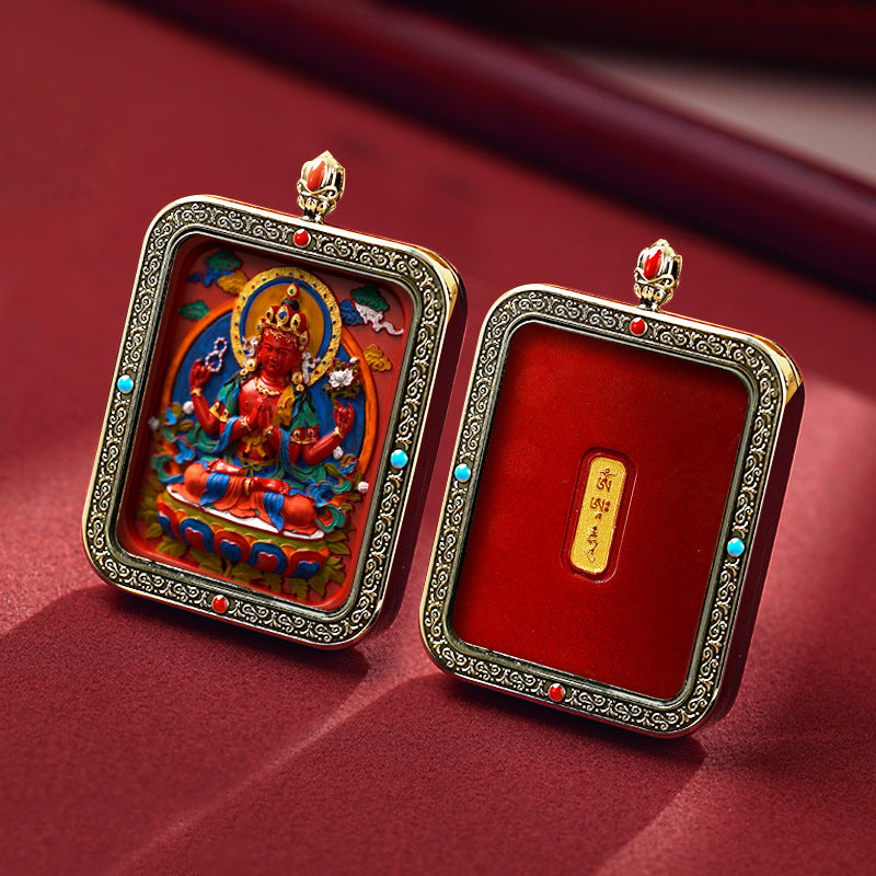 Tibetan Hand-Painted Thangka Pendant(Four-Armed Avalokiteśvara)(Guanyin)(四臂观音)