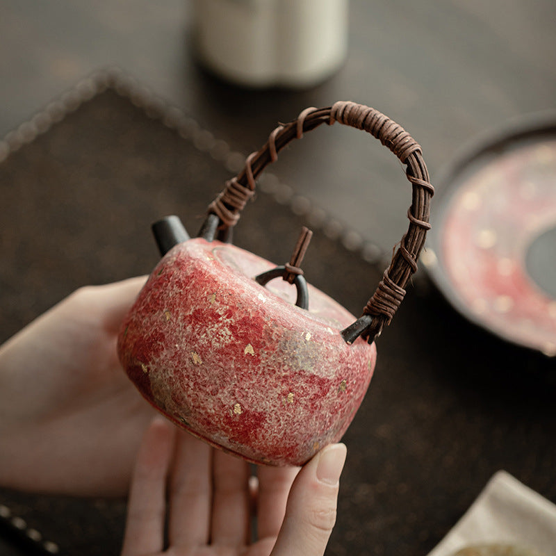 Rock - Mineral Painted Pottery Rattan - Woven Handle Single - Pot Teapot for Kung Fu Tea