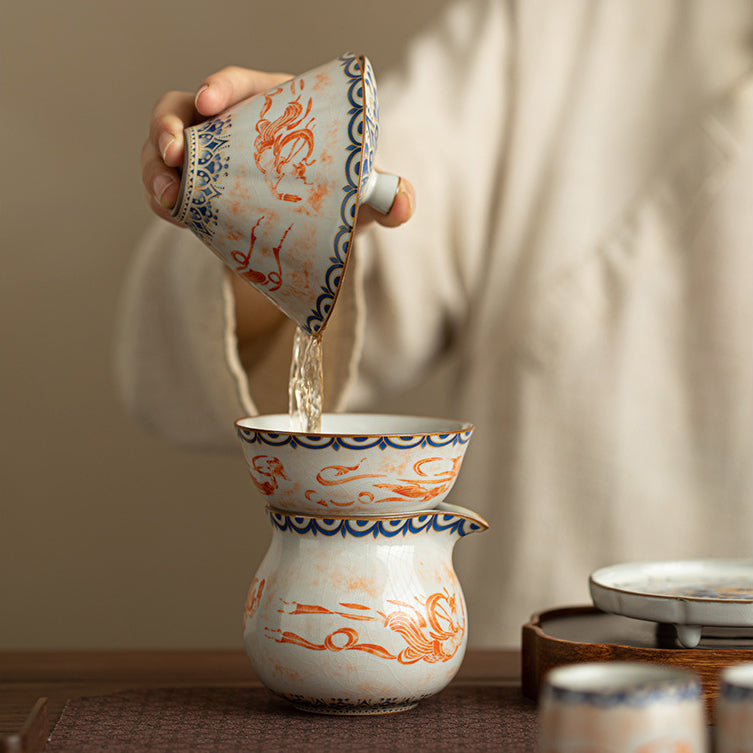 Chinese Ru Kiln ceramic tea and beverage set with painted Dunhuang Flying Apsaras patterns.