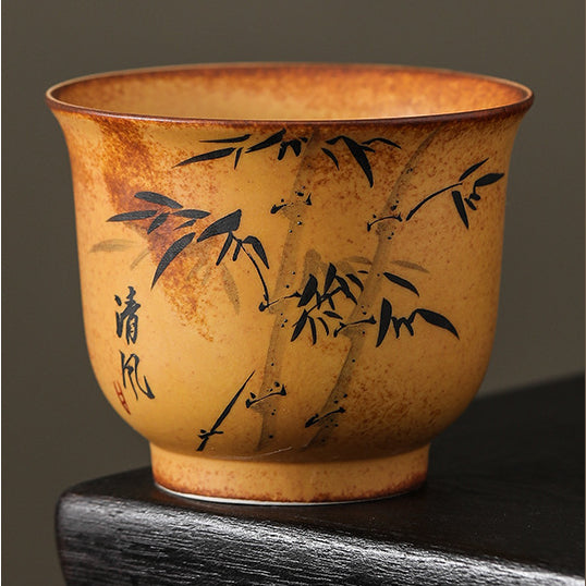 Hand-Painted Master Cup with Wood Fired Plum Blossom, Orchid, Bamboo, and Chrysanthemum，drinking utensils