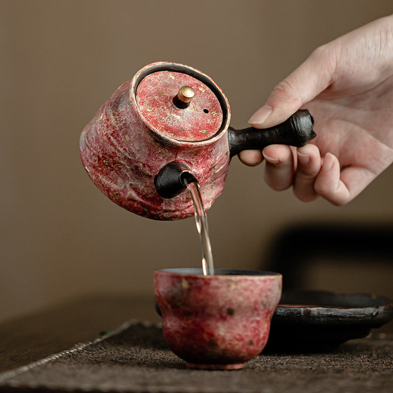 Single - Pot Tea Set: Ceramic Teapot in Rock - Mineral Painted Pottery, Side - Handle, Large - Capacity and Filter - Equipped