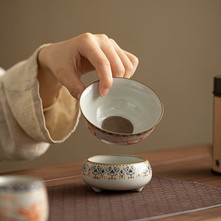 Chinese Ru Kiln ceramic tea and beverage set with painted Dunhuang Flying Apsaras patterns.