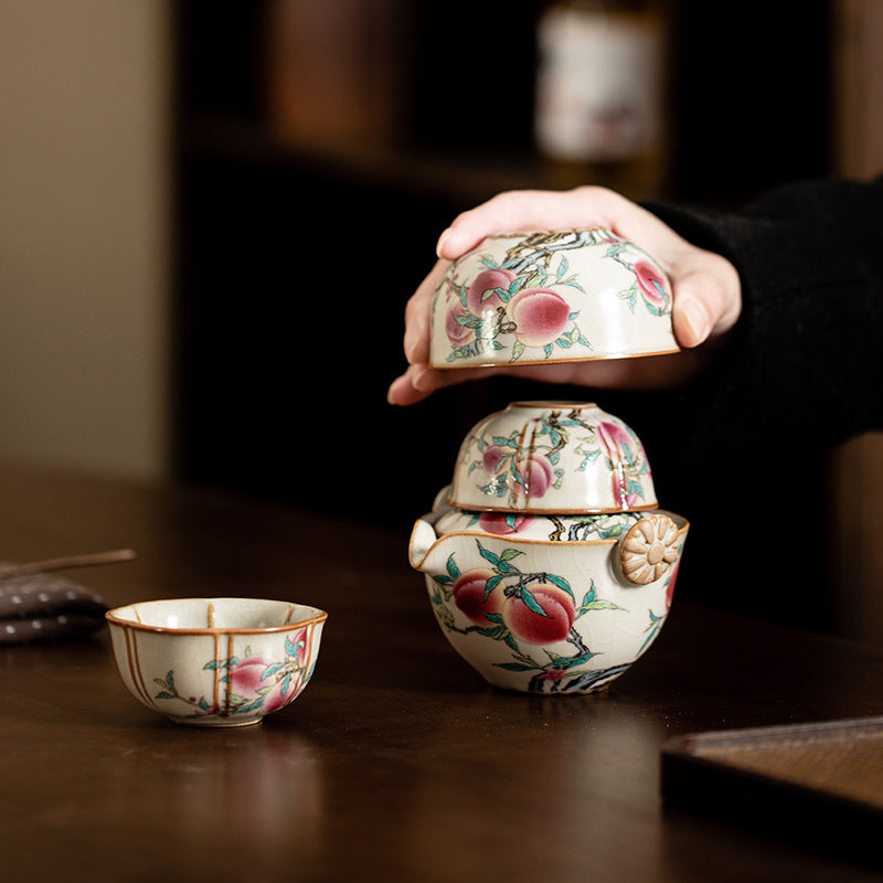 ZenTripper Portable Ceramic Tea Set - Office to Camping Brew Kit with Leak-Ceramic Tea Set with Longevity Peach Patterns in the Style of Ru Kiln from the Song Dynasty