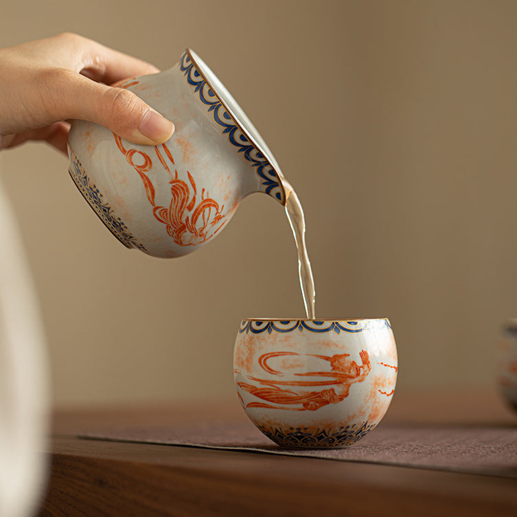 Chinese Ru Kiln ceramic tea and beverage set with painted Dunhuang Flying Apsaras patterns.