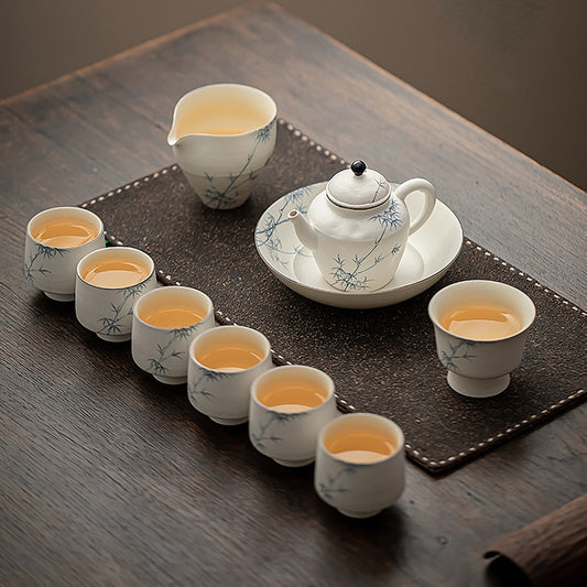 Ceramic tea and beverage set with hand-painted bamboo patterns in the "Hakuji" style