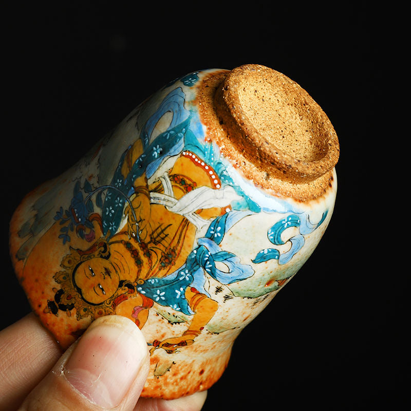 Handmade firewood-fired and hand-painted Thangka master cup, a high-end art collection treasure.(Manjushri Bodhisattva)，drinking utensils