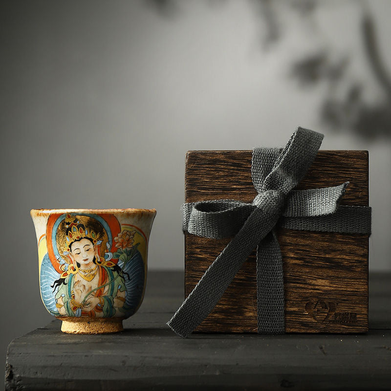 Handmade firewood-fired and hand-painted Thangka master cup, a high-end art collection treasure.(Bodhisattva Holding Flowers)，drinking utensils