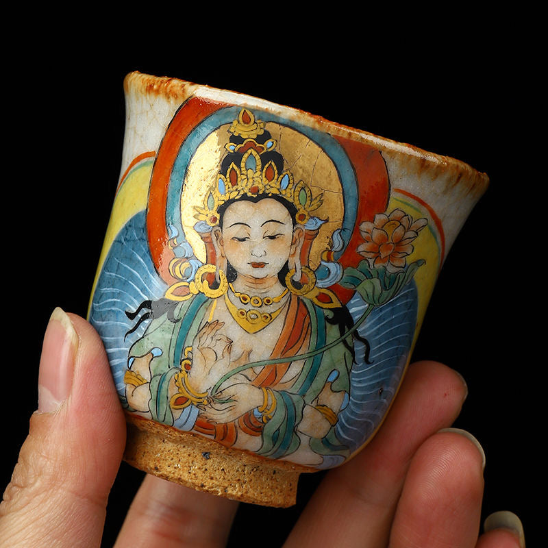 Handmade firewood-fired and hand-painted Thangka master cup, a high-end art collection treasure.(Bodhisattva Holding Flowers)，drinking utensils