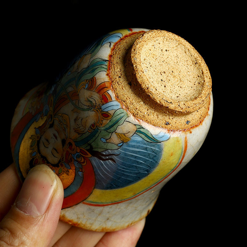 Handmade firewood-fired and hand-painted Thangka master cup, a high-end art collection treasure.(Bodhisattva Holding Flowers)，drinking utensils