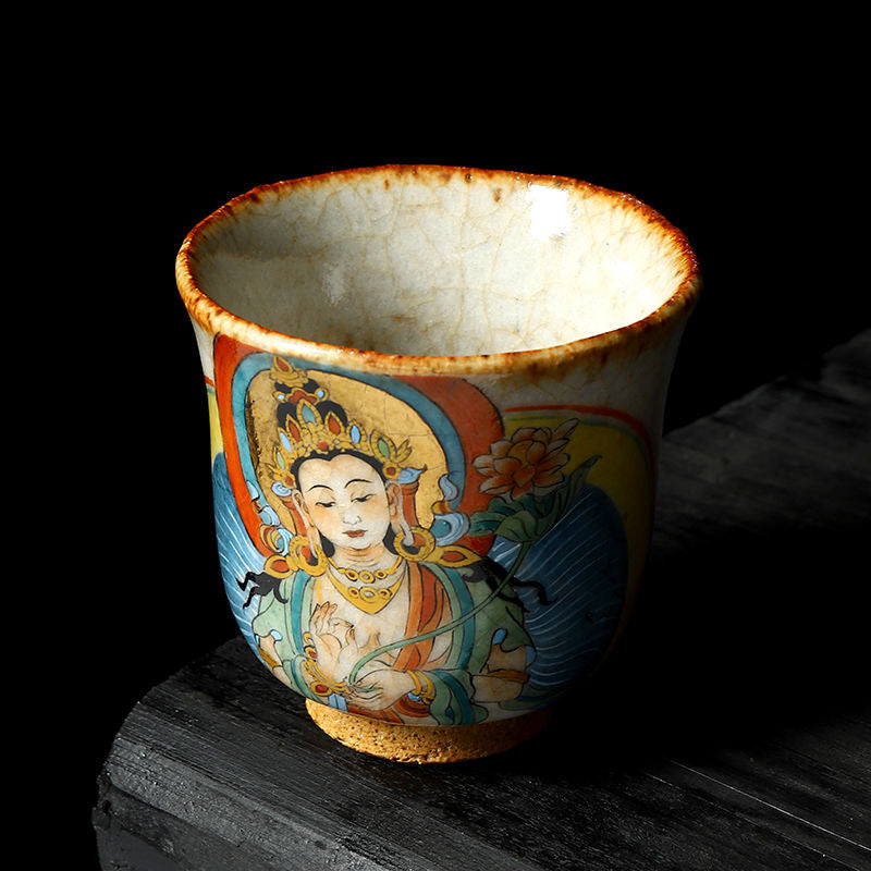 Handmade firewood-fired and hand-painted Thangka master cup, a high-end art collection treasure.(Bodhisattva Holding Flowers)，drinking utensils