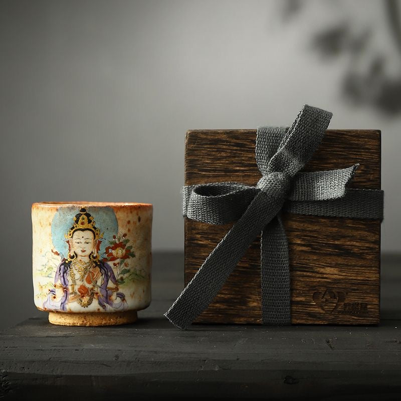 Handmade firewood-fired and hand-painted Thangka master cup, a high-end art collection treasure.(Samantabhadra Bodhisattva)，drinking utensils