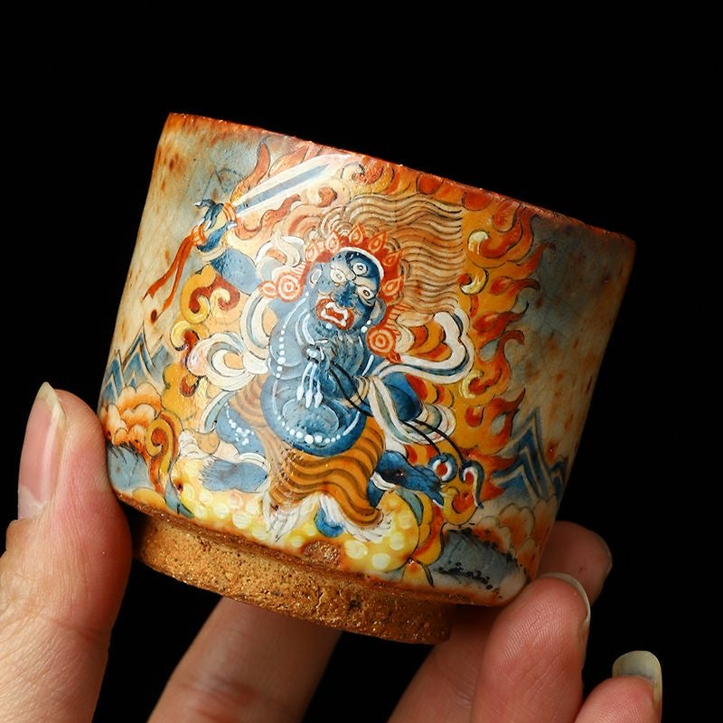 Handmade firewood-fired and hand-painted Thangka master cup, a high-end art collection treasure.(Wrathful Vajra)，drinking utensils