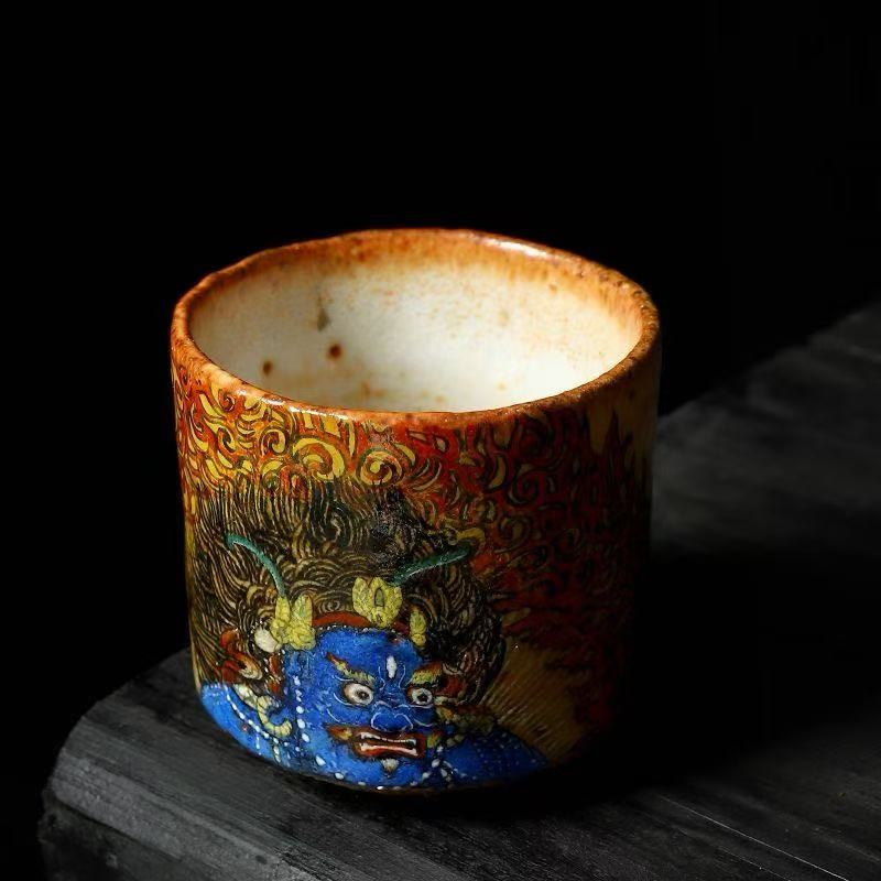 Handmade firewood-fired and hand-painted Thangka master cup, a high-end art collection treasure.(Black Jambhala)，drinking utensils