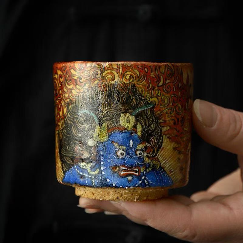 Handmade firewood-fired and hand-painted Thangka master cup, a high-end art collection treasure.(Black Jambhala)，drinking utensils