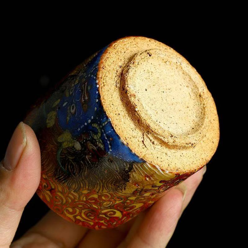 Handmade firewood-fired and hand-painted Thangka master cup, a high-end art collection treasure.(Black Jambhala)，drinking utensils