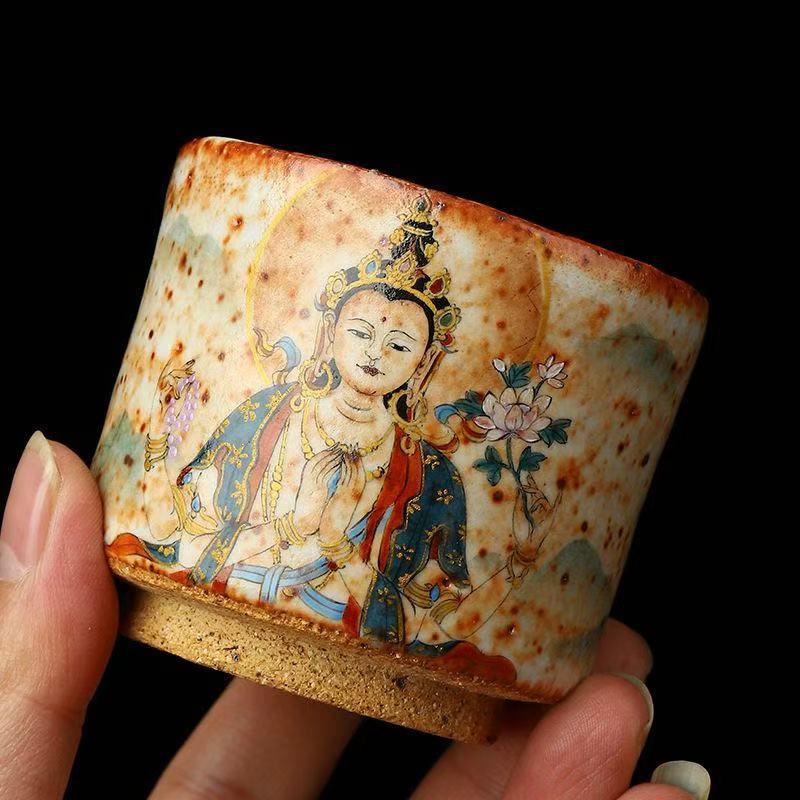 Handmade firewood-fired and hand-painted Thangka master cup, a high-end art collection treasure.(Four-Armed Avalokitesvara)，drinking utensils