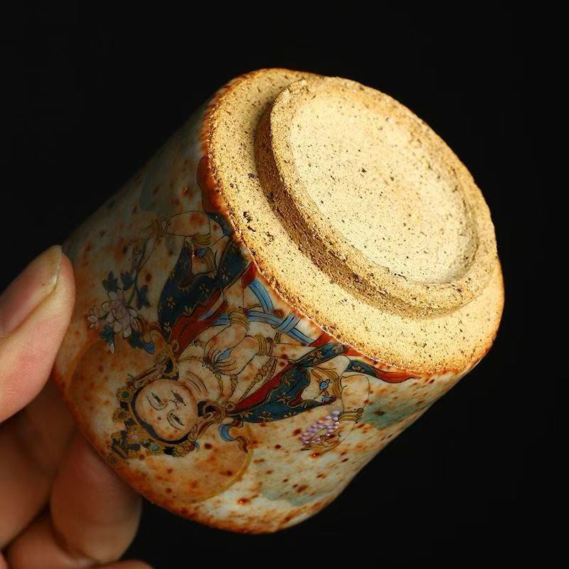 Handmade firewood-fired and hand-painted Thangka master cup, a high-end art collection treasure.(Four-Armed Avalokitesvara)，drinking utensils