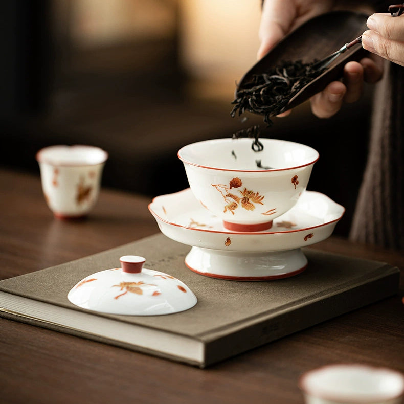 Ceramic Tea Set in Goat - fat Jade White with Patterns of Flowers Blooming in Four Seasons (including drinking utensils)