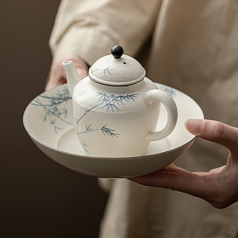 Ceramic tea and beverage set with hand-painted bamboo patterns in the "Hakuji" style