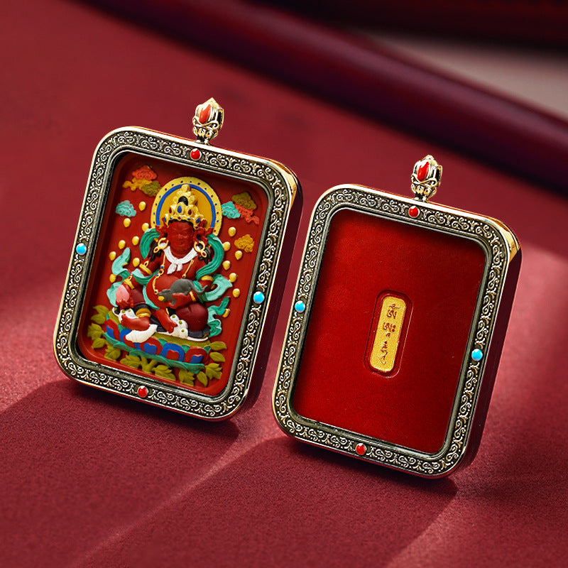 Tibetan Hand-Painted Thangka Pendant(Jambhala（in yellow）)(黄财神)