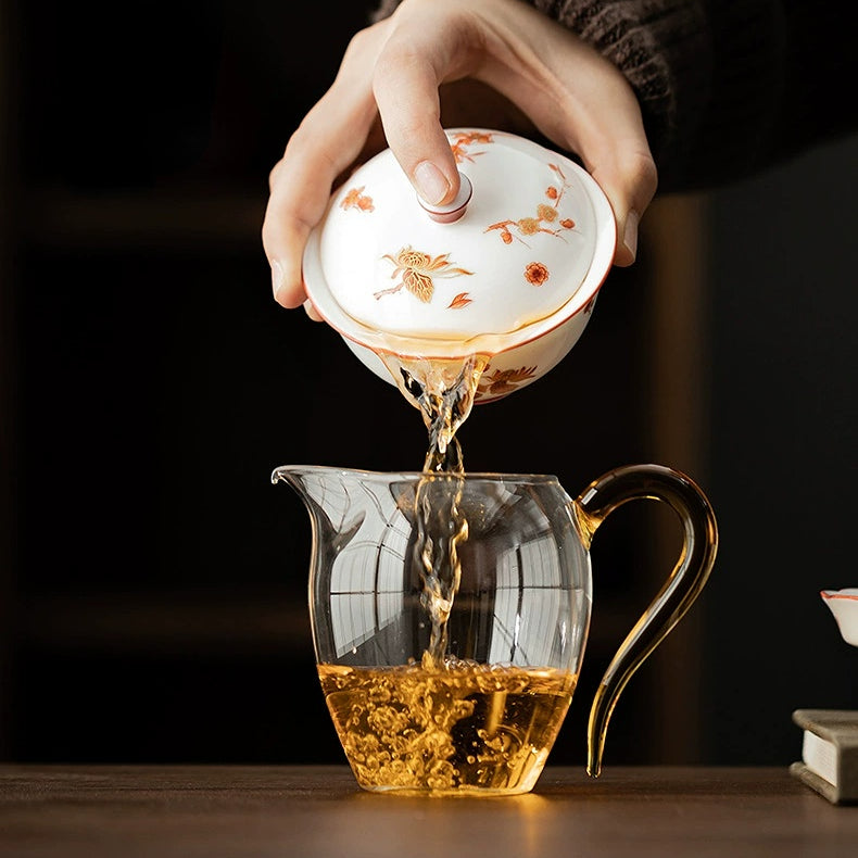 Ceramic Tea Set in Goat - fat Jade White with Patterns of Flowers Blooming in Four Seasons (including drinking utensils)