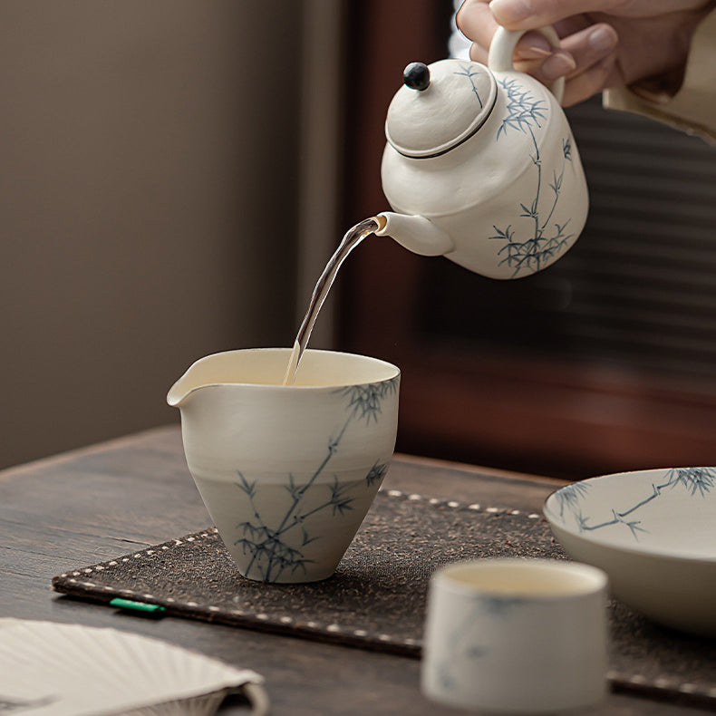 Ceramic tea and beverage set with hand-painted bamboo patterns in the "Hakuji" style