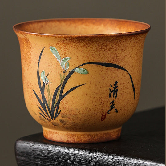 Hand-Painted Master Cup with Wood Fired Plum Blossom, Orchid, Bamboo, and Chrysanthemum，drinking utensils