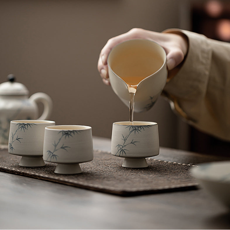 Ceramic tea and beverage set with hand-painted bamboo patterns in the "Hakuji" style