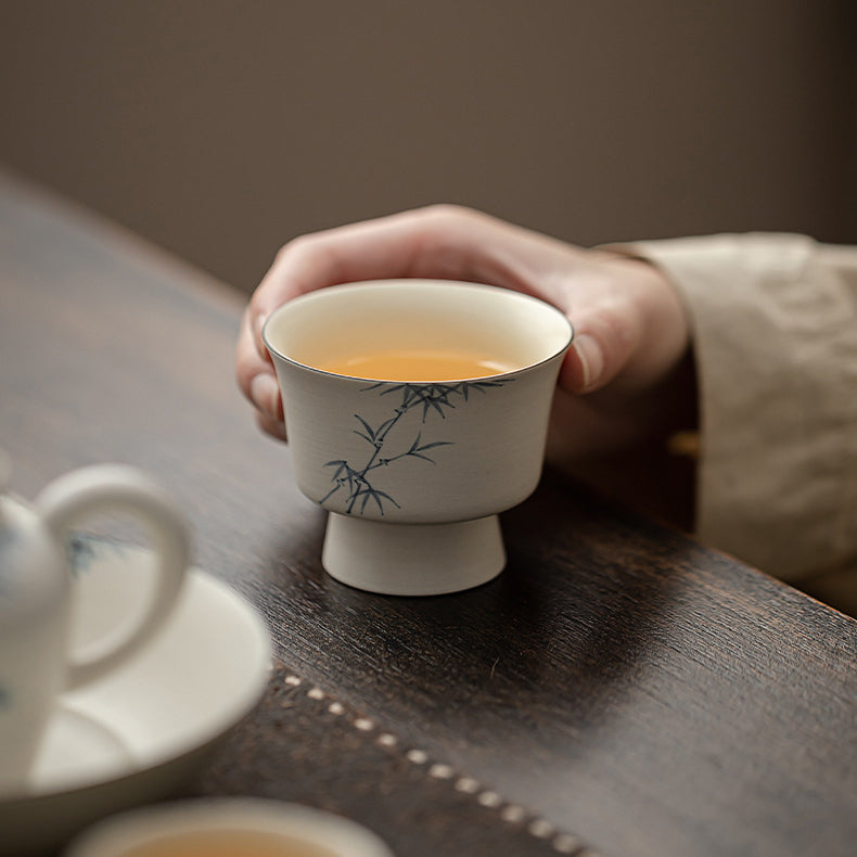 Ceramic tea and beverage set with hand-painted bamboo patterns in the "Hakuji" style