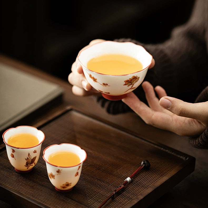 Ceramic Tea Set in Goat - fat Jade White with Patterns of Flowers Blooming in Four Seasons (including drinking utensils)