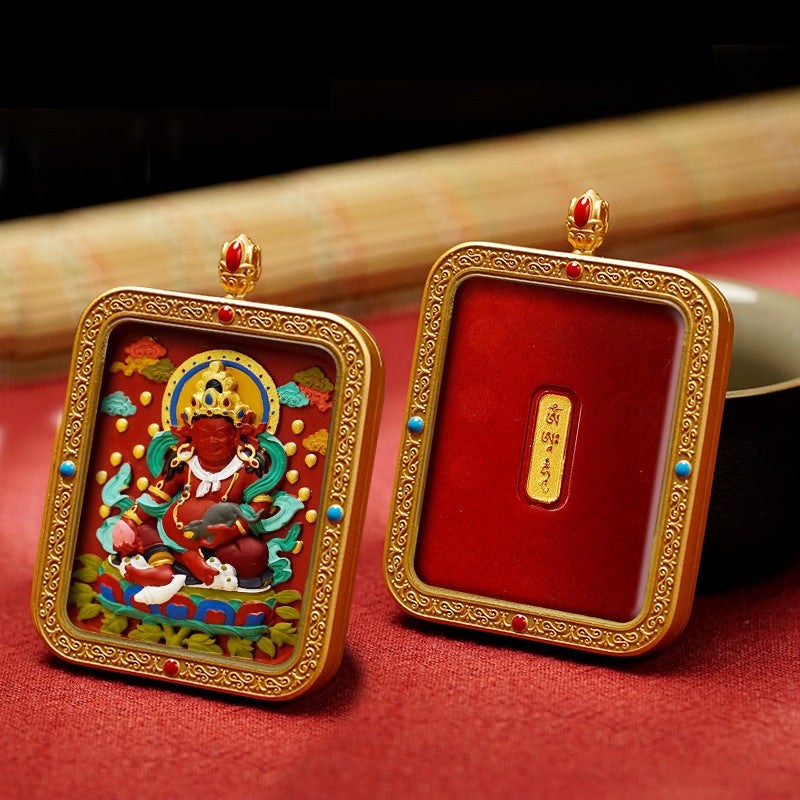 Tibetan Hand-Painted Thangka Pendant(Jambhala（in yellow）)(黄财神)