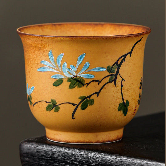 Hand-Painted Master Cup with Wood Fired Plum Blossom, Orchid, Bamboo, and Chrysanthemum，drinking utensils