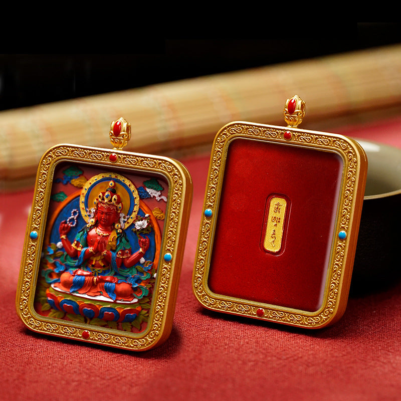 Tibetan Hand-Painted Thangka Pendant(Four-Armed Avalokiteśvara)(Guanyin)(四臂观音)