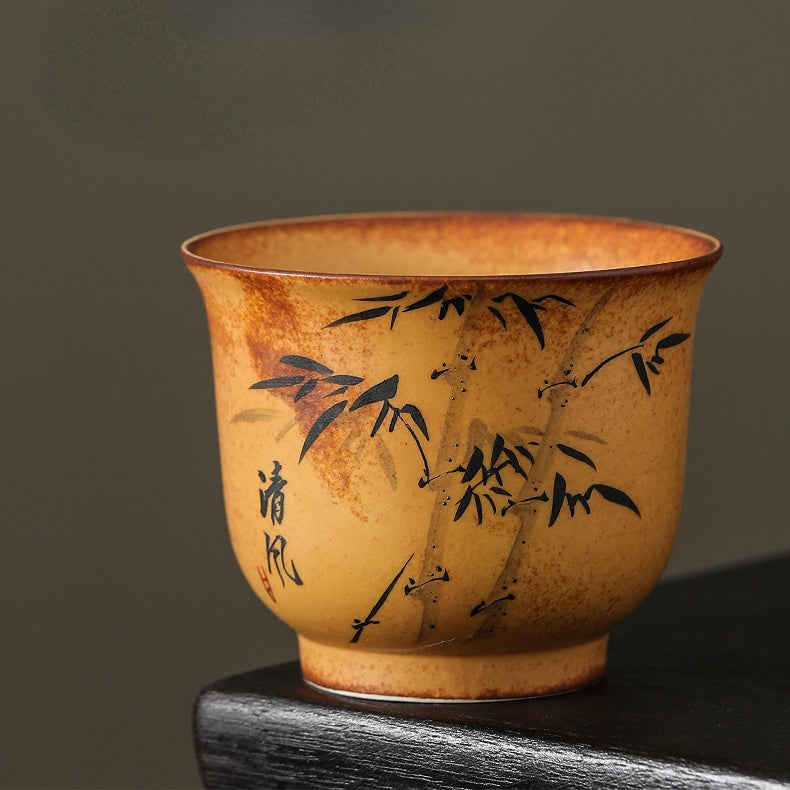 Hand-Painted Master Cup with Wood Fired Plum Blossom, Orchid, Bamboo, and Chrysanthemum，drinking utensils