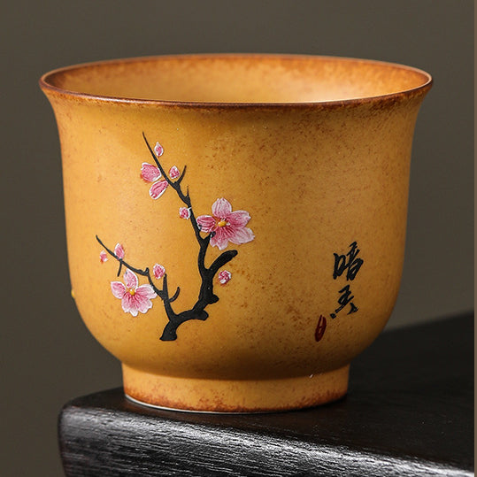 Hand-Painted Master Cup with Wood Fired Plum Blossom, Orchid, Bamboo, and Chrysanthemum，drinking utensils